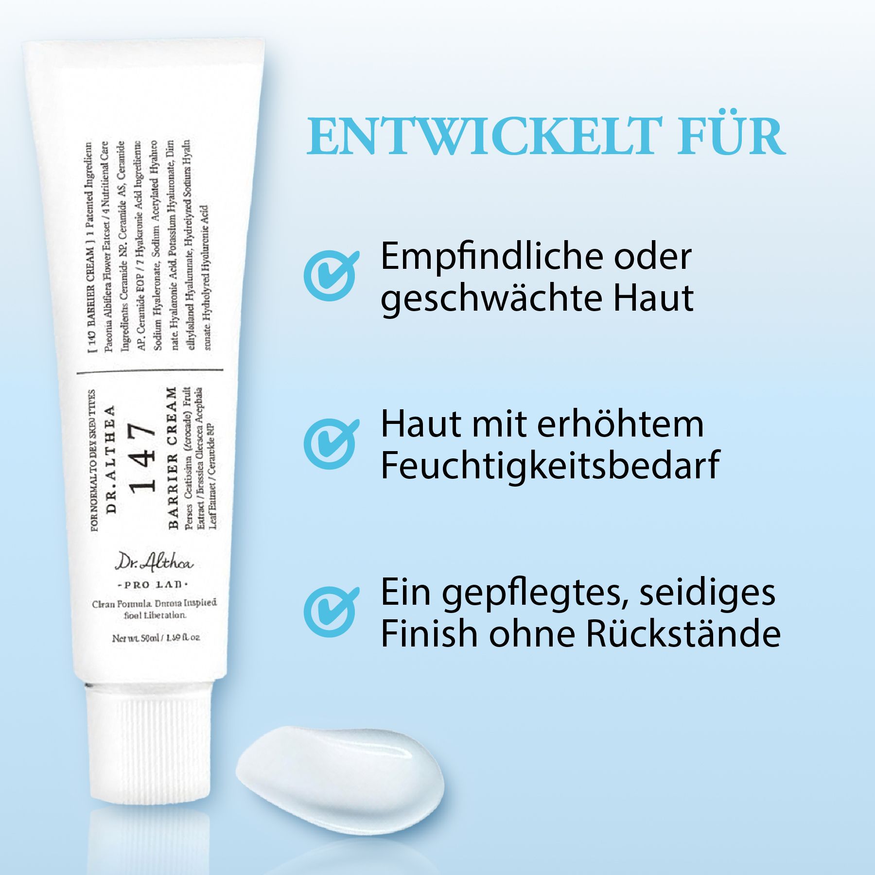 Tube de Dr. Althea 147 Barrier Cream et goutte de crème. Texte: DÉVELOPPÉ POUR: Peau sensible, peau ayant besoin d'hydratation, fini soyeux.
