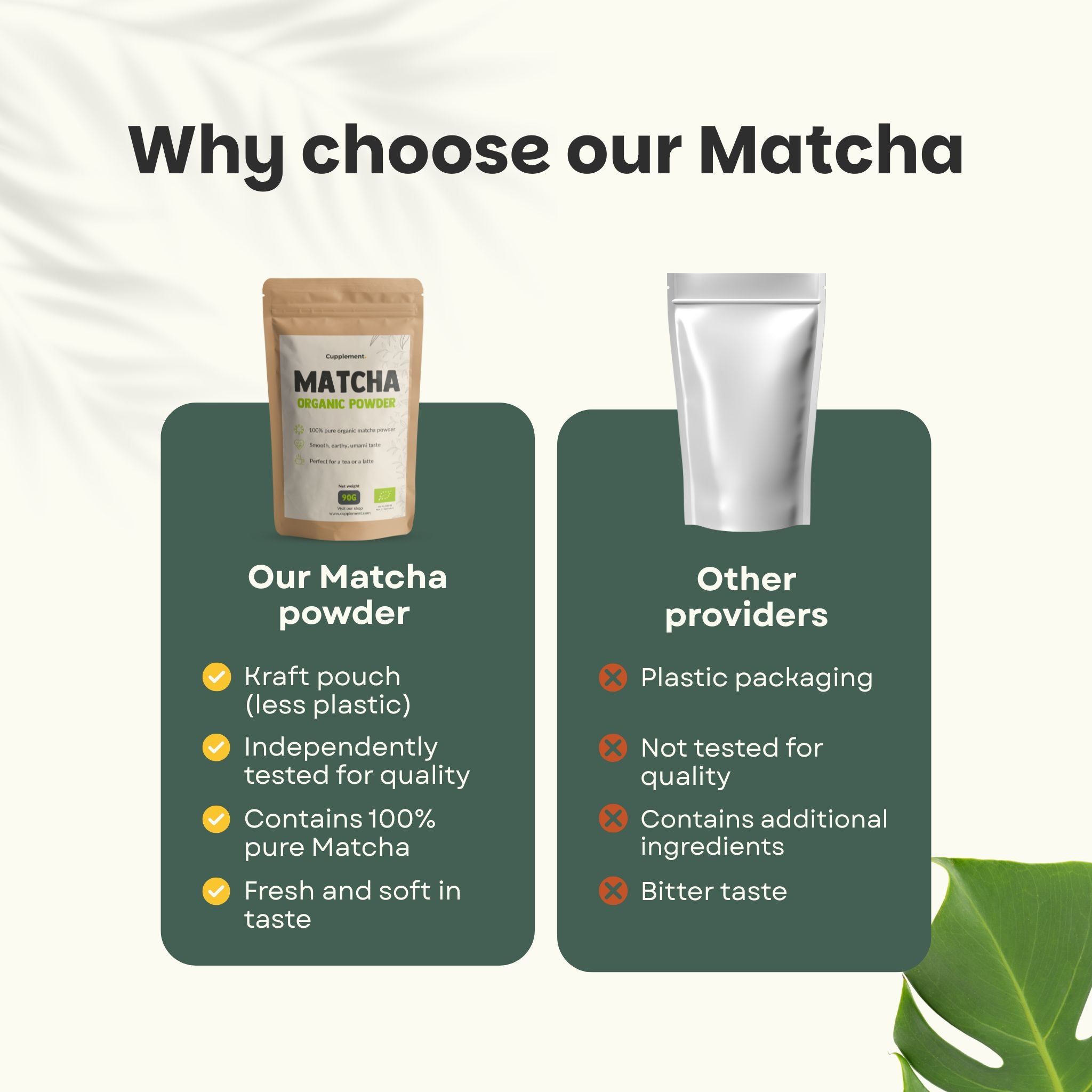 Comparaison : poudre de matcha vs. autres fournisseurs. Texte : sachet kraft, 100% matcha, etc. vs. emballage plastique.