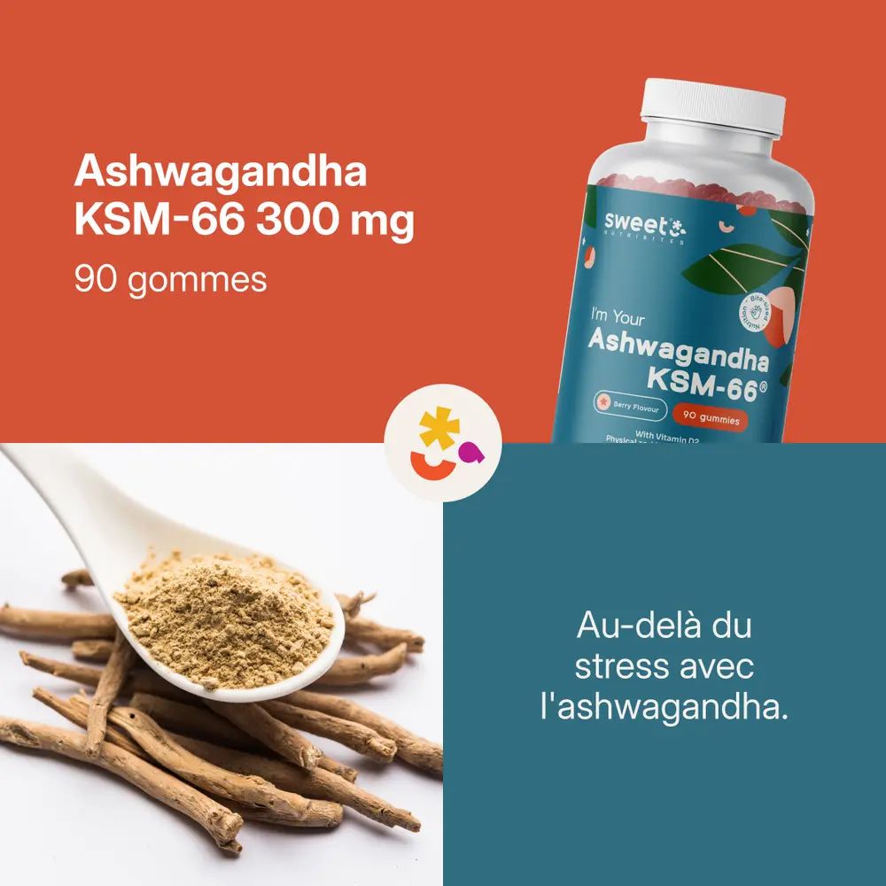 Cuillère avec poudre, racines d'ashwagandha et texte: Ashwagandha KSM-66 300 mg, 90 gummies. Texte: Au-delà du stress avec l'ashwagandha.