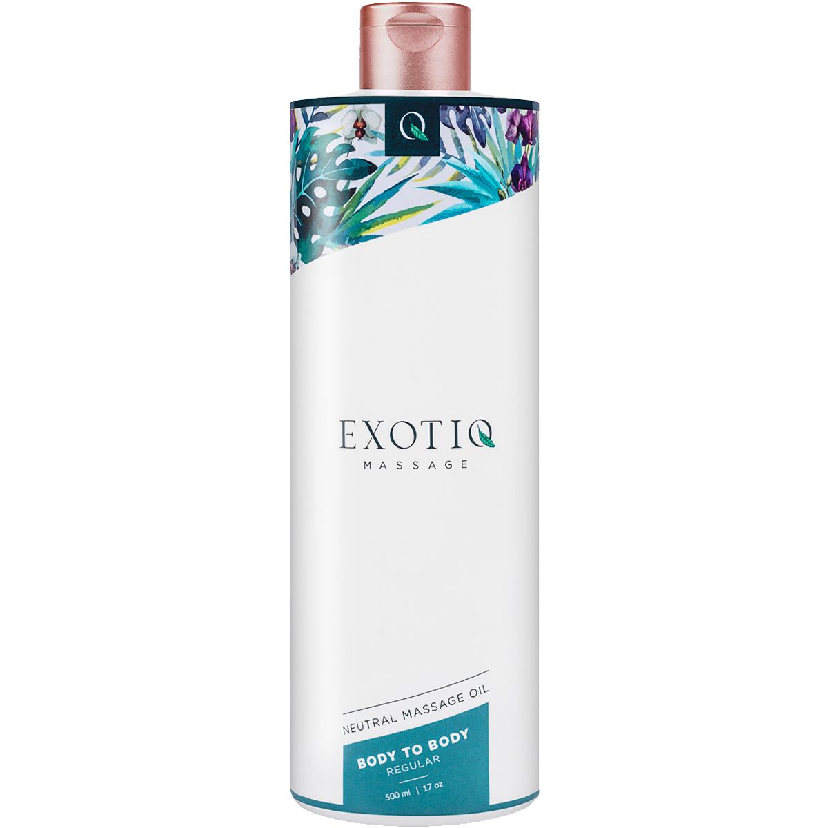 Fles massageolie. Wit, met bloemenpatroon en merklogo. Tekst: Exotiq, Neutral Massage Oil, Body to Body Regular.