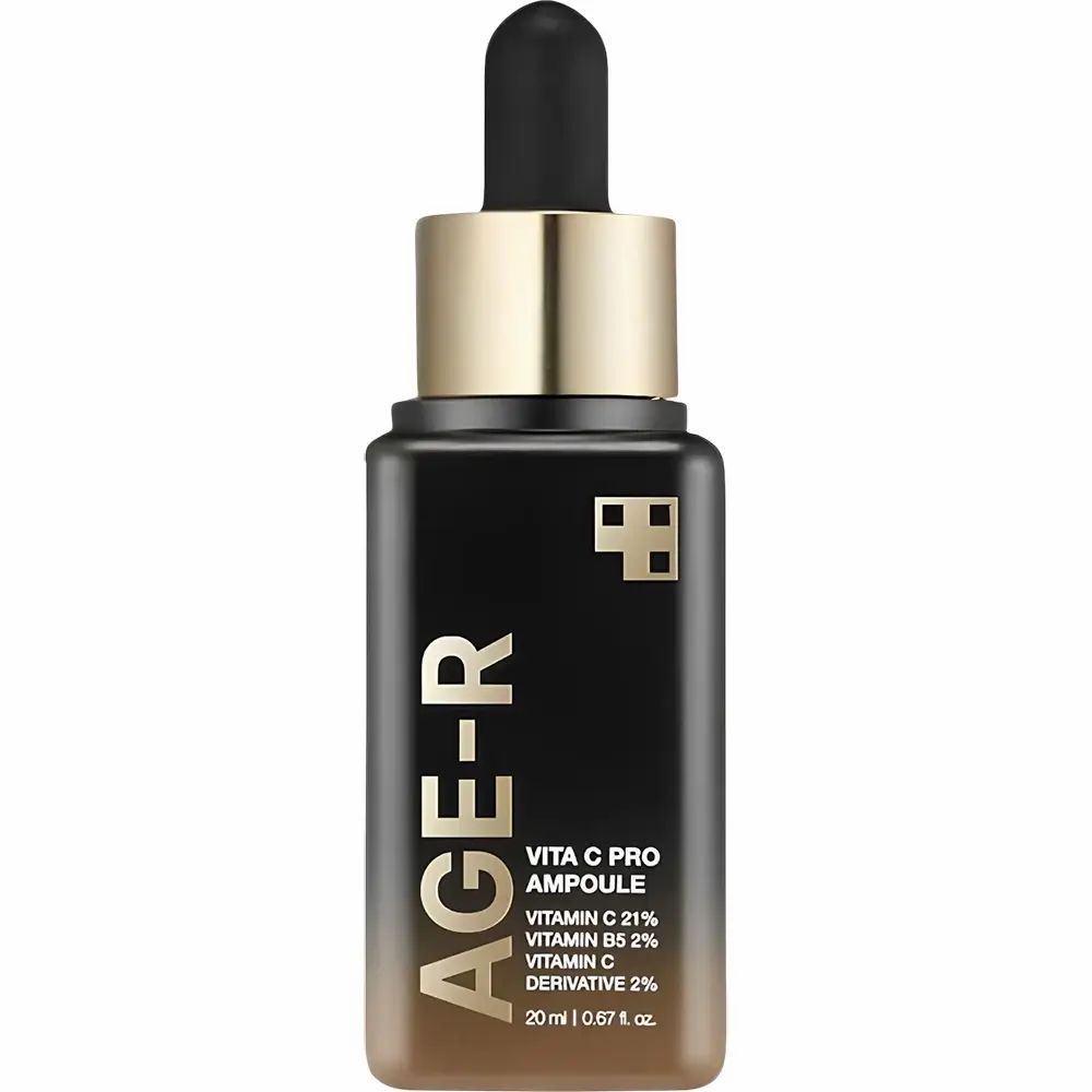 Donkere fles met gouden dop en pipet. Opschrift AGE-R en Vita C Pro Ampoule. Bevat vitamine C.