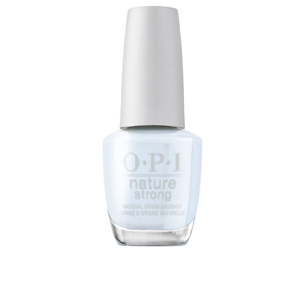 Blauwe nagellak met witte dop. OPI Nature Strong-logo zichtbaar.