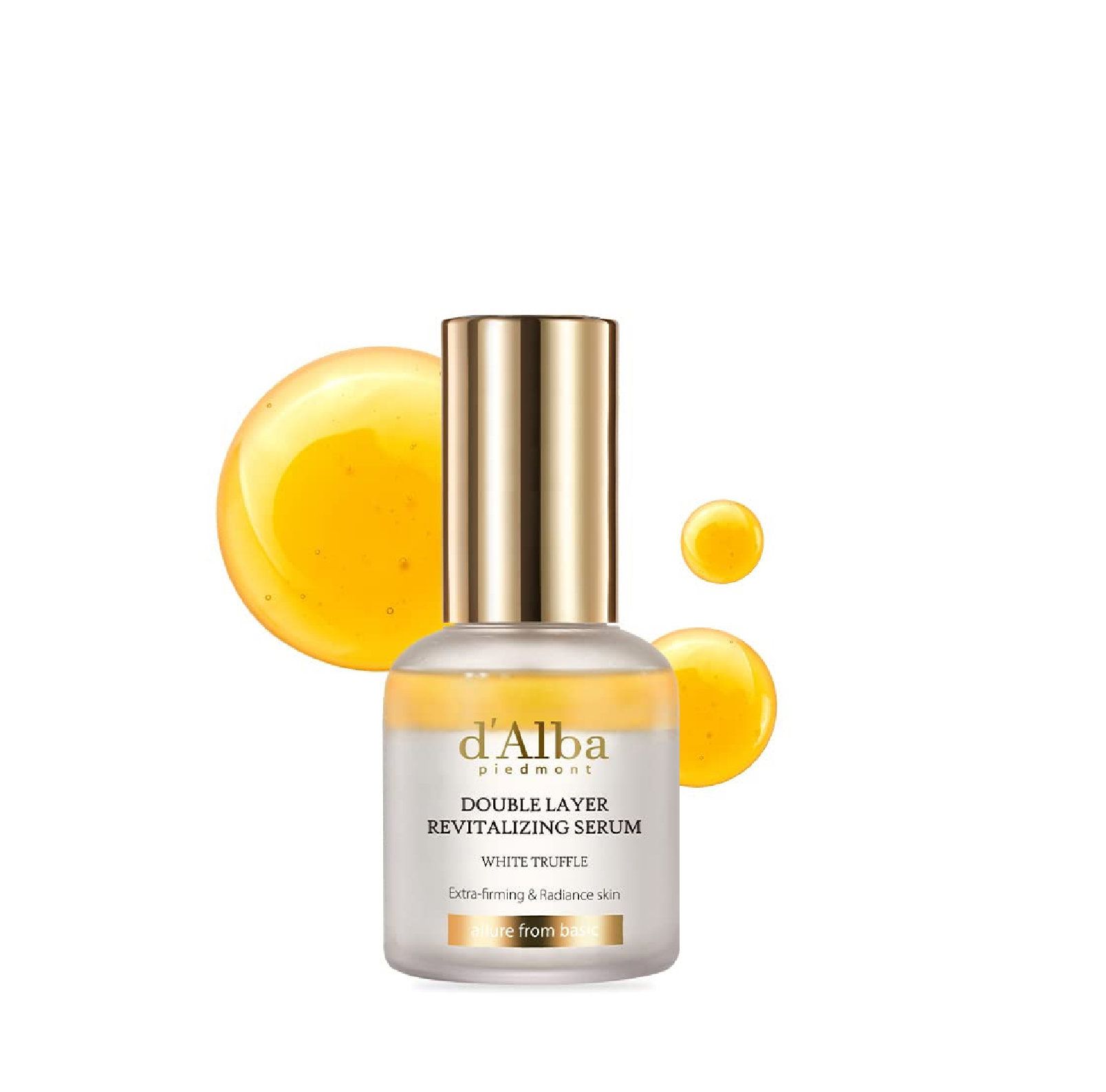 Flacon de sérum avec bouchon doré. Inscription : d'Alba, Double Layer Revitalizing Serum, White Truffle. Liquide et gouttes jaunes.