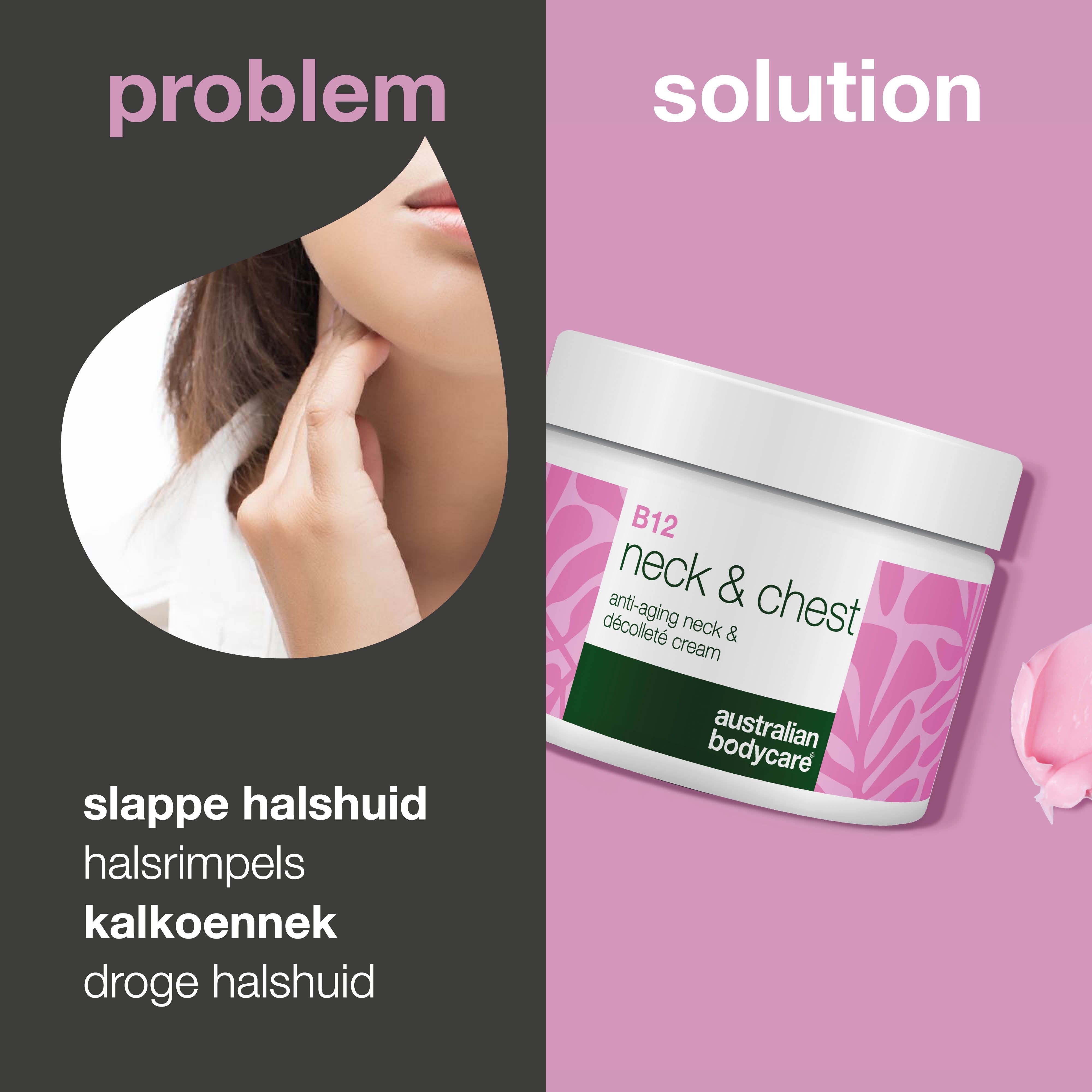 Twee afbeeldingen. Links: hals van een vrouw. Rechts: crème pot met tekst. Probleem/oplossing.