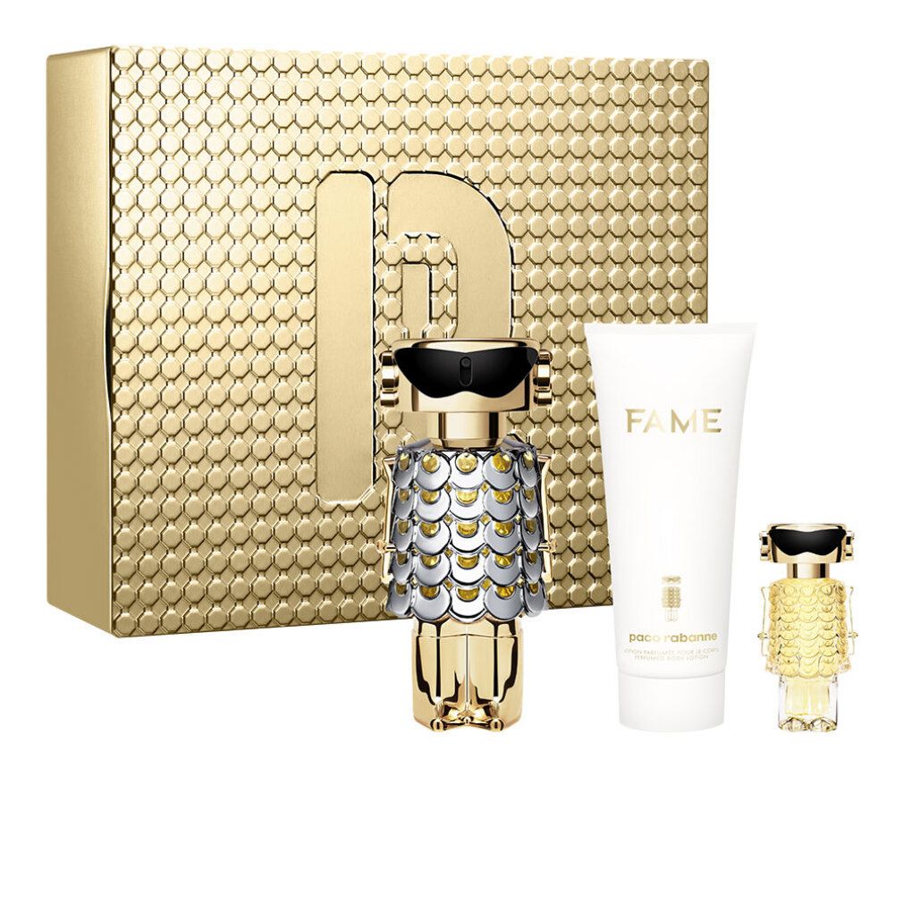 Rabanne FAME parfum geschenkset met flacon, miniatuurflacon en bodylotion.