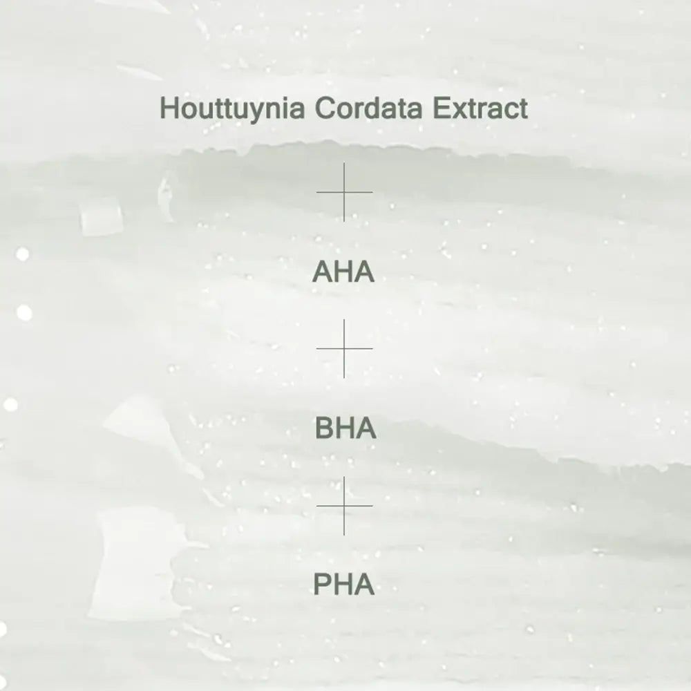 Texte avec ingrédients : Houttuynia Cordata Extract, AHA, BHA, PHA. Fond : gris clair avec lignes ondulées.
