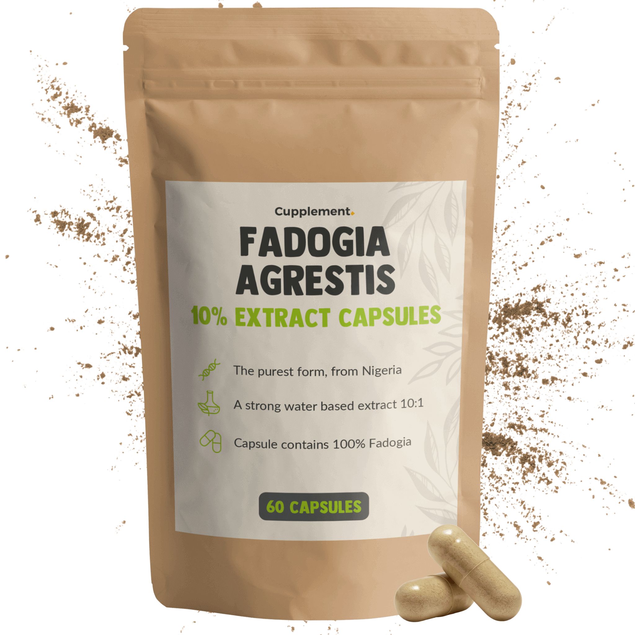 Zakje met 60 capsules. Opschrift: Fadogia Agrestis 10% Extract Capsules. Herkomst: Nigeria.