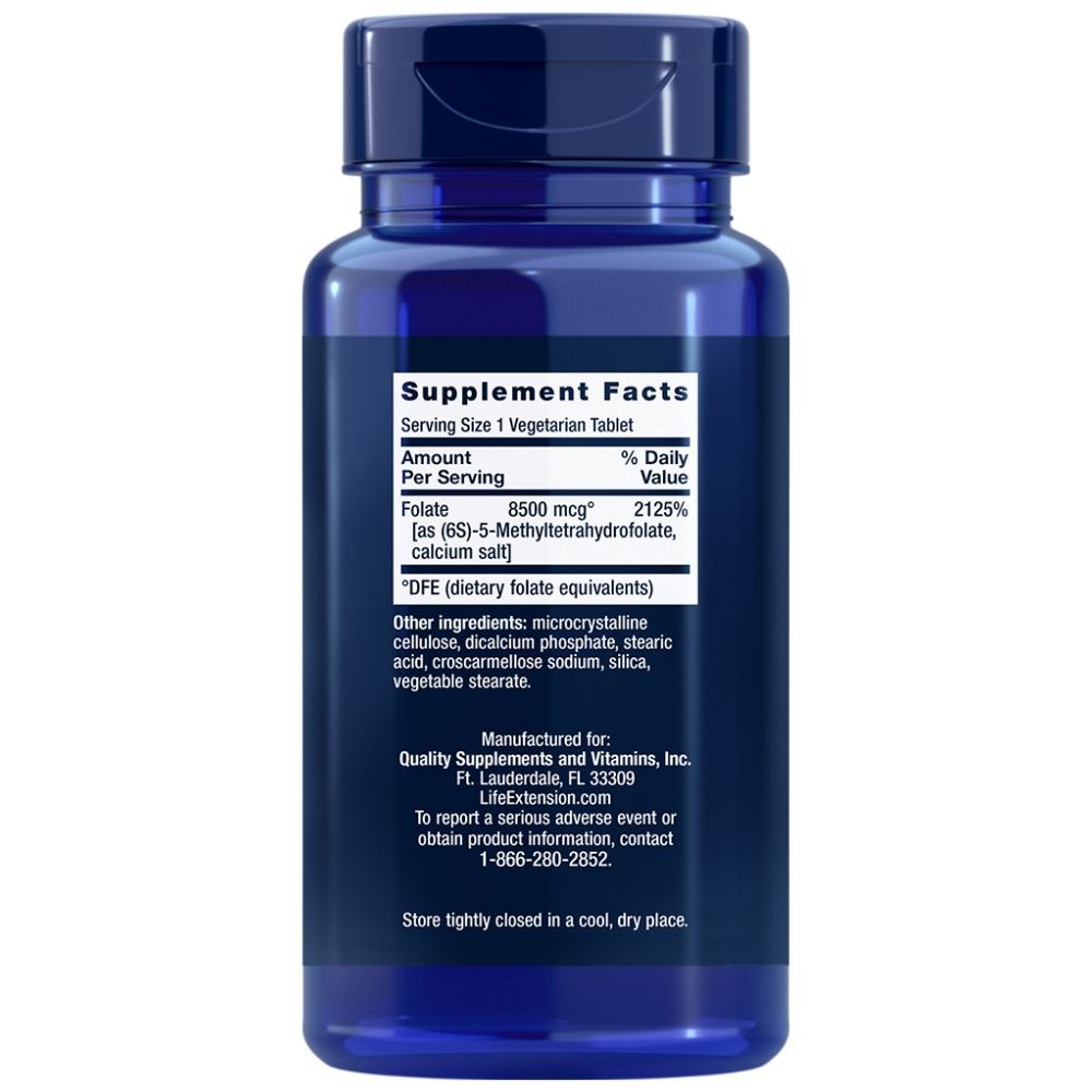 Dos de la bouteille Life Extension Optimized Folate, avec informations nutritionnelles et ingrédients.