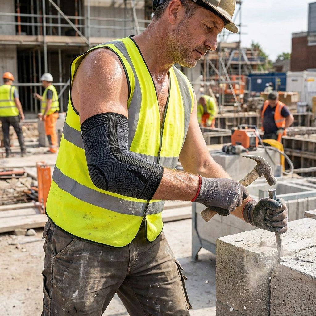 Ouvrier du bâtiment avec attelle de coude. Homme travaillant avec marteau et burin. Porte un gilet jaune et des gants.