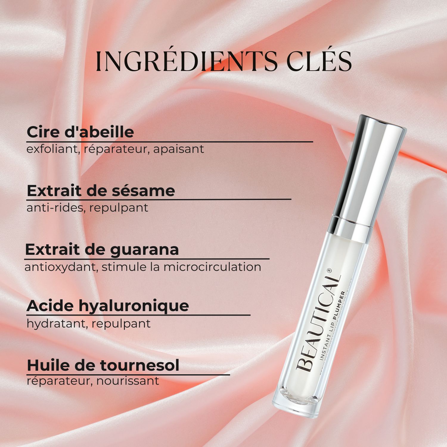 Texte: INGRÉDIENTS CLÉS. Produit avec applicateur. Texte: Cire d'abeille, Extrait de sésame, Extrait de guarana, Acide hyaluronique.