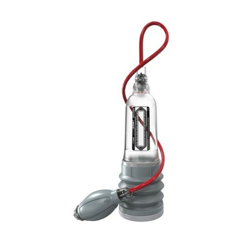 Bathmate HydroXtreme7 Clear Wide Boy met rode slang en grijze balg.