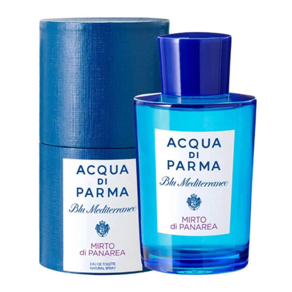 Flacon de parfum bleu à côté d'un emballage cylindrique bleu. Inscription: ACQUA DI PARMA Blu Mediterraneo Mirto di Panarea.