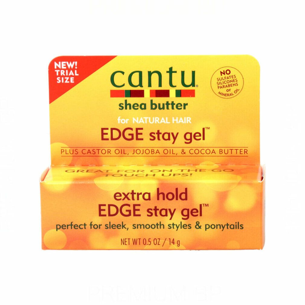 Cantu gel verpakking. Tekst "Extra Hold Edge Stay Gel". "Shea Butter" en "Natural Hair" ook zichtbaar.
