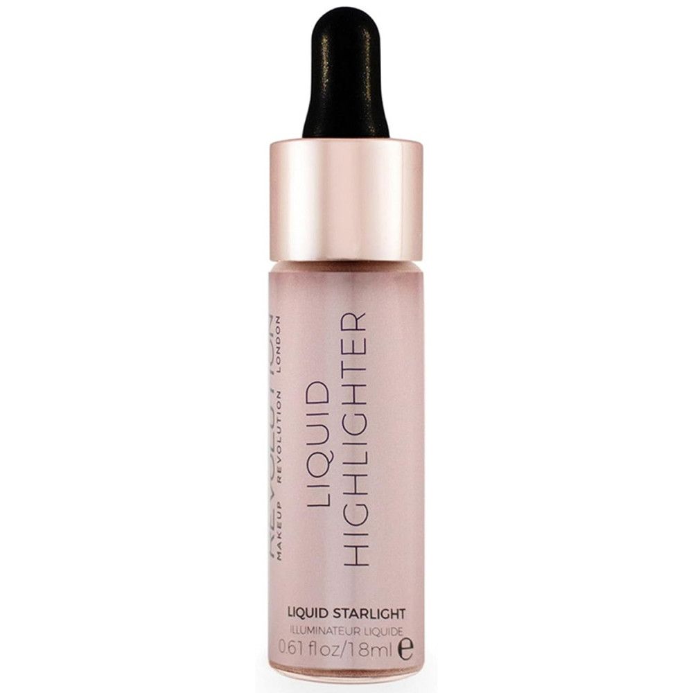 Vloeibare highlighter in glazen fles. Roze vloeistof, zwarte pipetpunt. Opschrift: Liquid Highlighter.