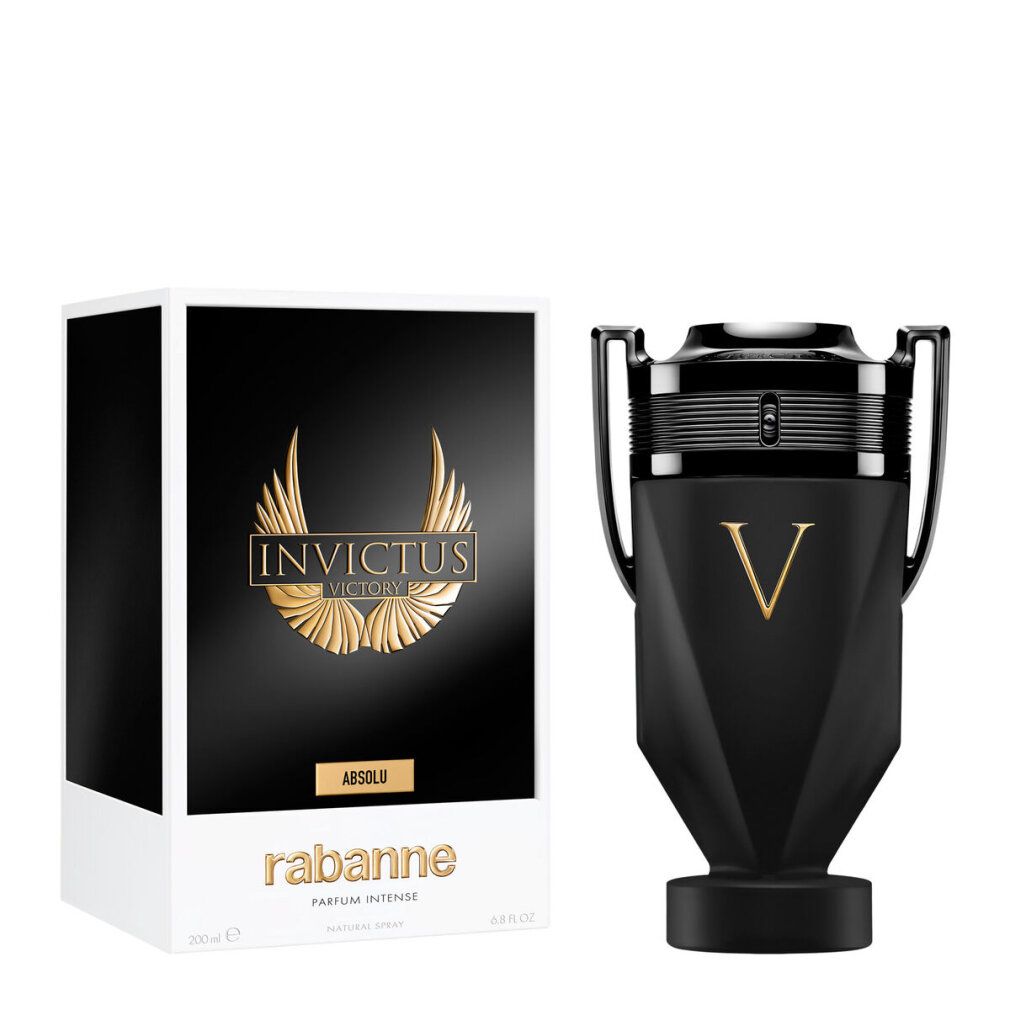 Zwarte flacon naast witte verpakking. Gouden opschrift "Invictus Victory Absolu".