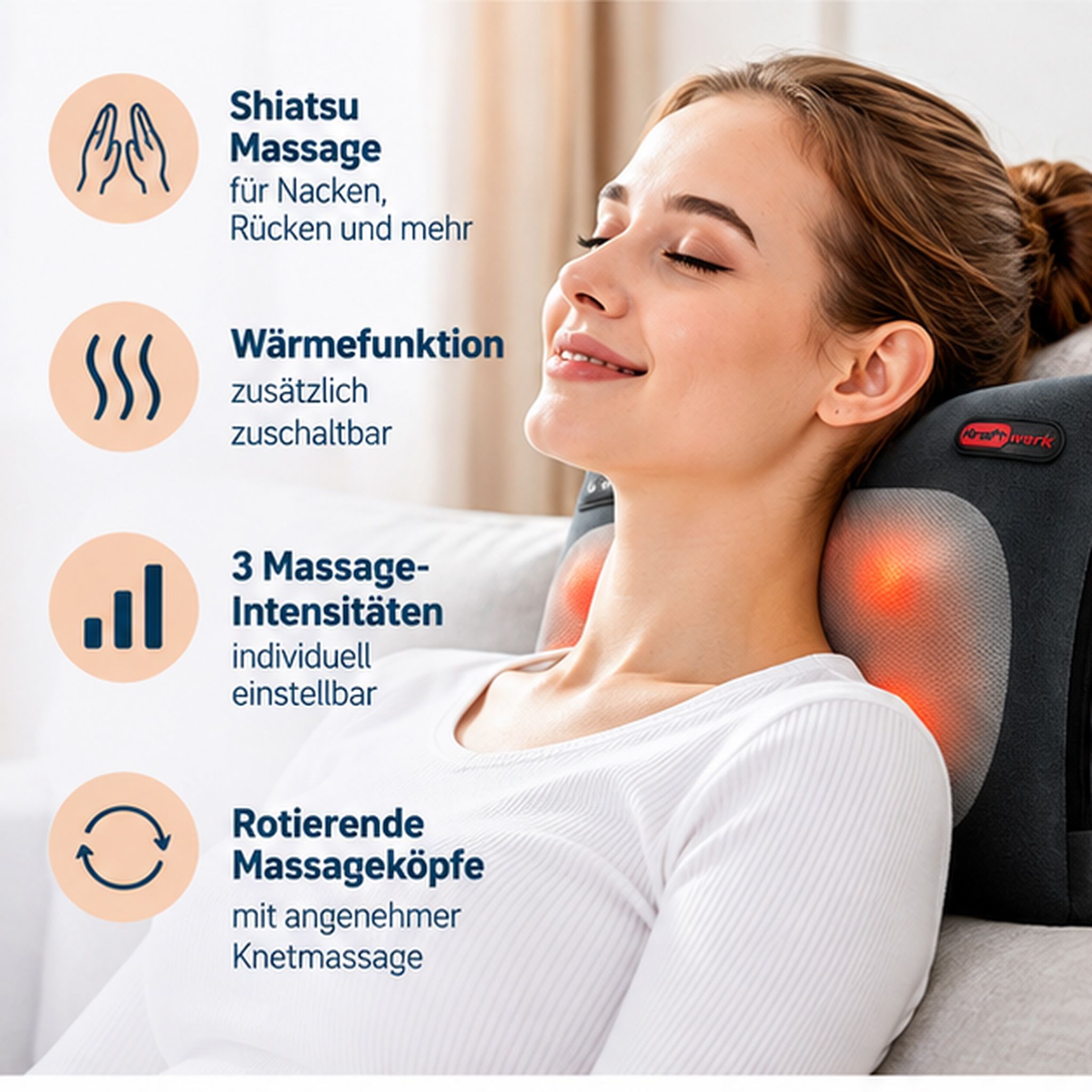 Grijs nekmassagekussen met vier roterende Shiatsu-koppen en verwarmingsfunctie.
