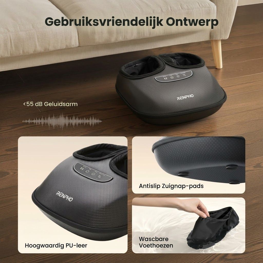 Zwarte voetmassager met bedieningspaneel en merknaam 'RENPHO'.