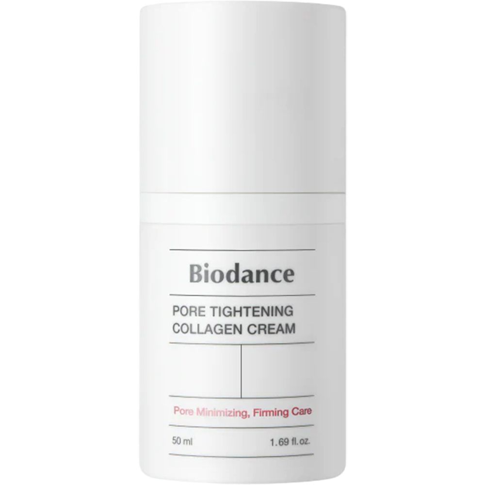 Witte fles met "Biodance Pore Tightening Collagen Cream". 50 ml.