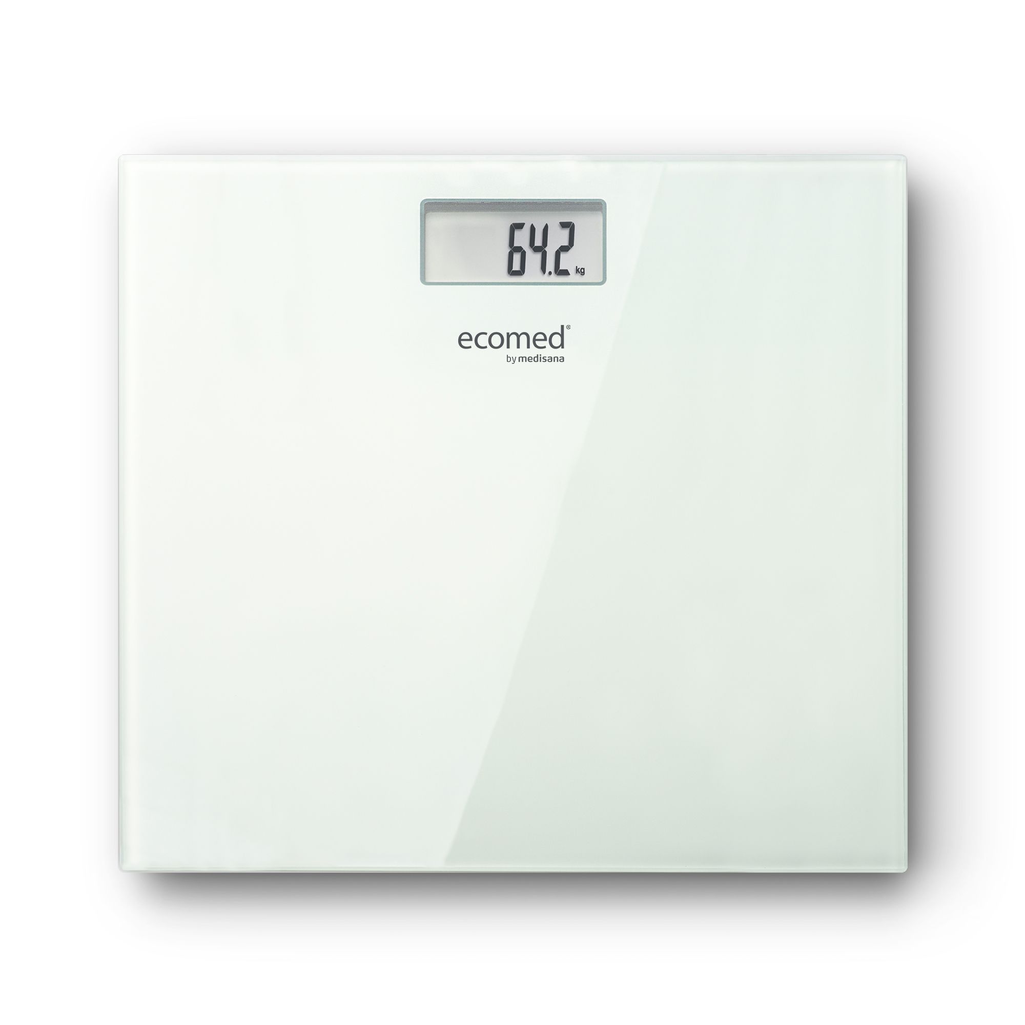 Balance personnelle blanche en verre avec affichage numérique (64.2 kg). Marque : ecomed by medisana.