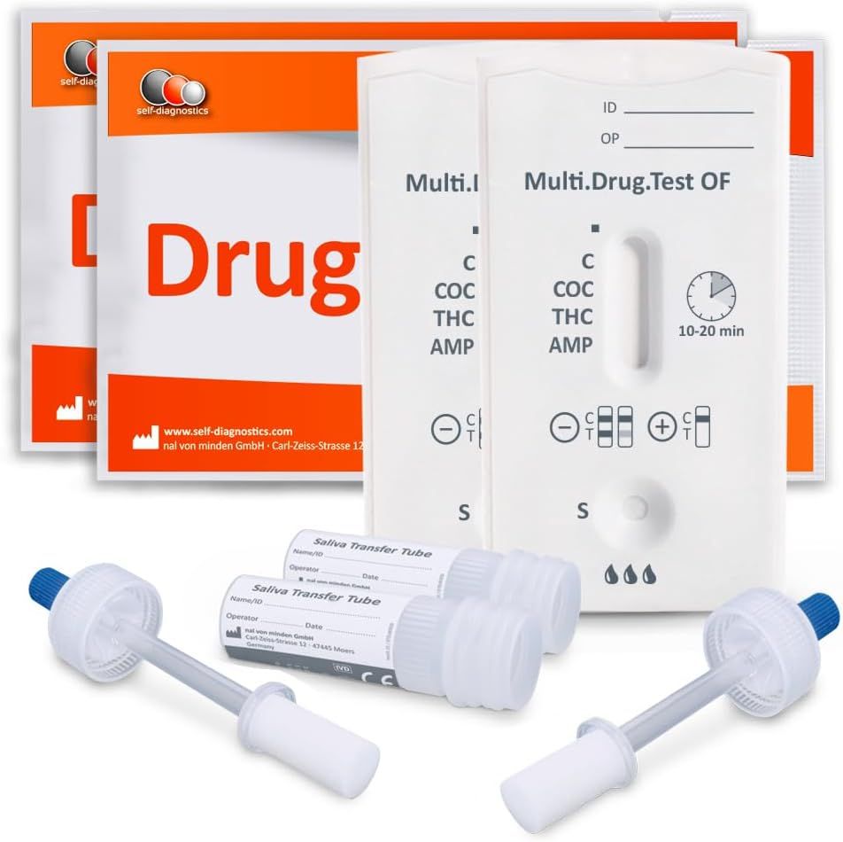 Drugstestkits. Bevat testcassettes, monsterbuizen en instructies. Merk: self-diagnostics.