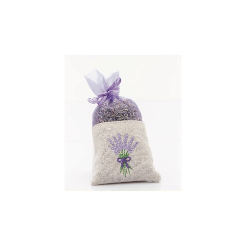 Sachet de lavande. Sac en tissu beige avec nœud violet et broderie de lavande. Sac transparent au-dessus.