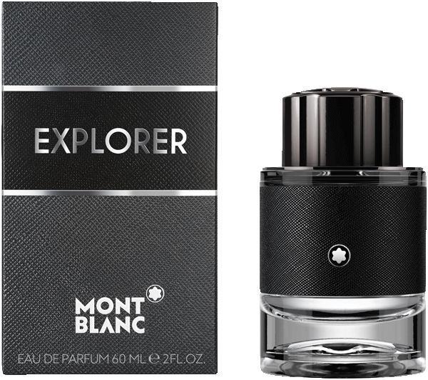 Flacon et emballage Montblanc Explorer Eau de Parfum. Texte : EXPLORER, MONTBLANC.
