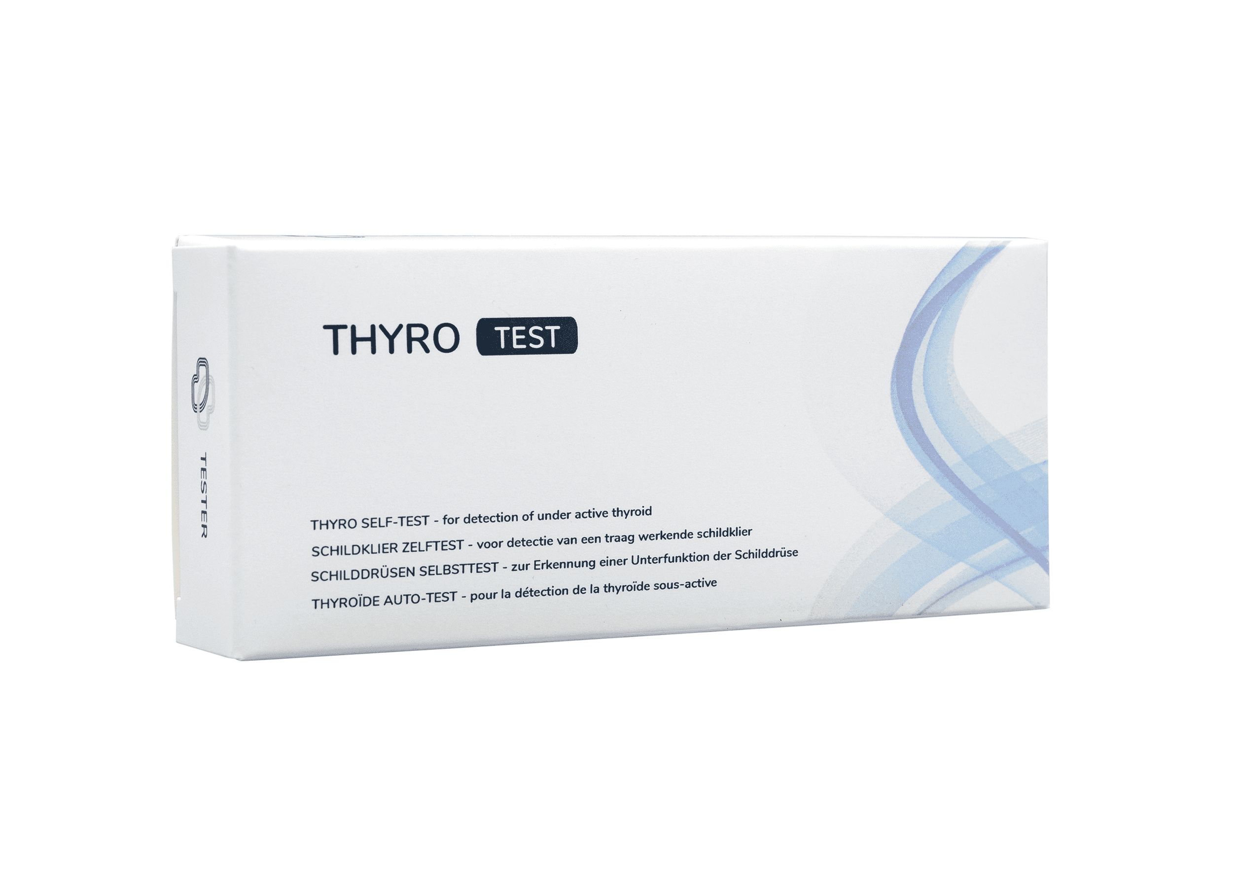 Emballage de l'auto-test Thyro Test avec informations produit et lignes ondulées bleues.