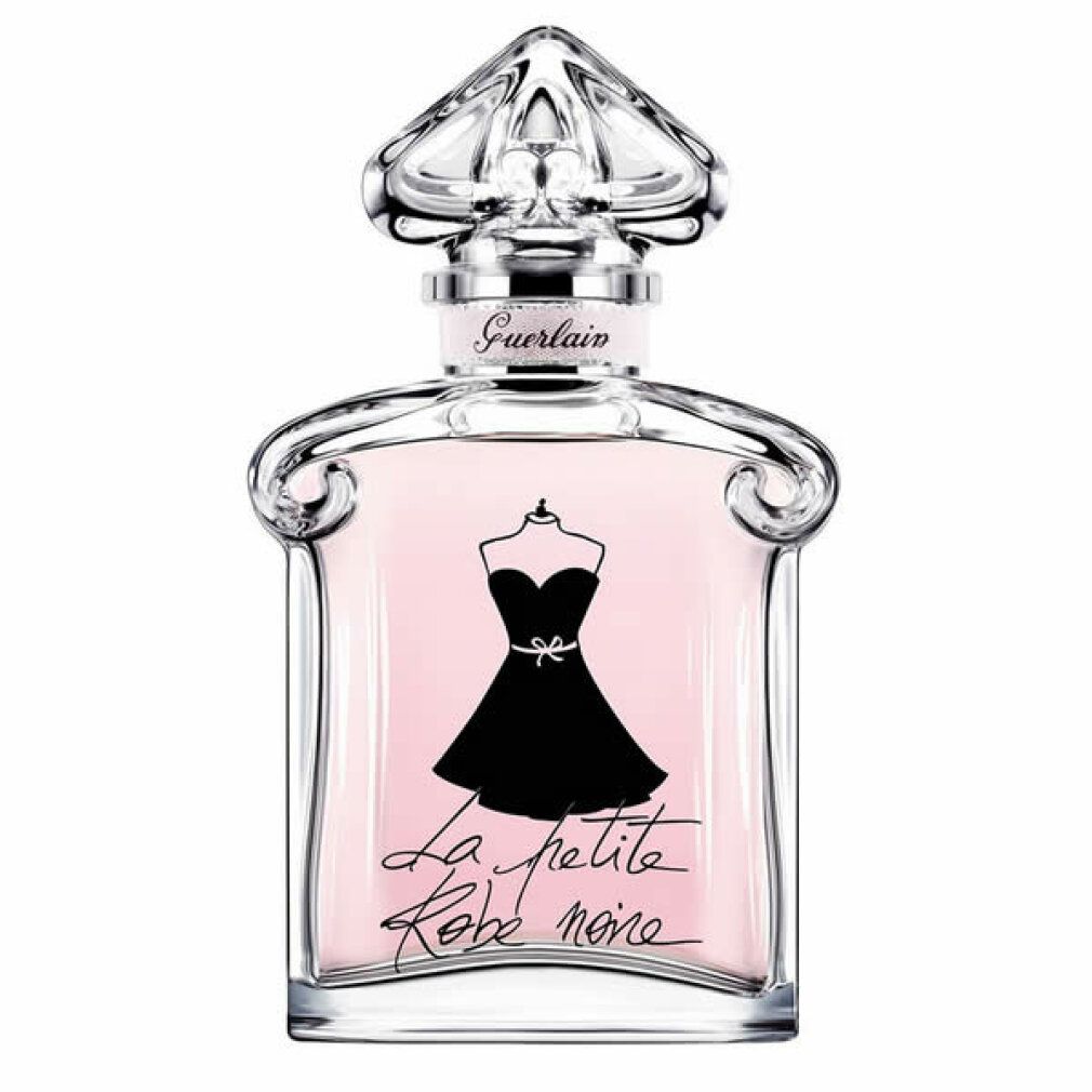 Flacon en verre rose. Design robe noire. Bouchon transparent. Inscription: La petite Robe noire.