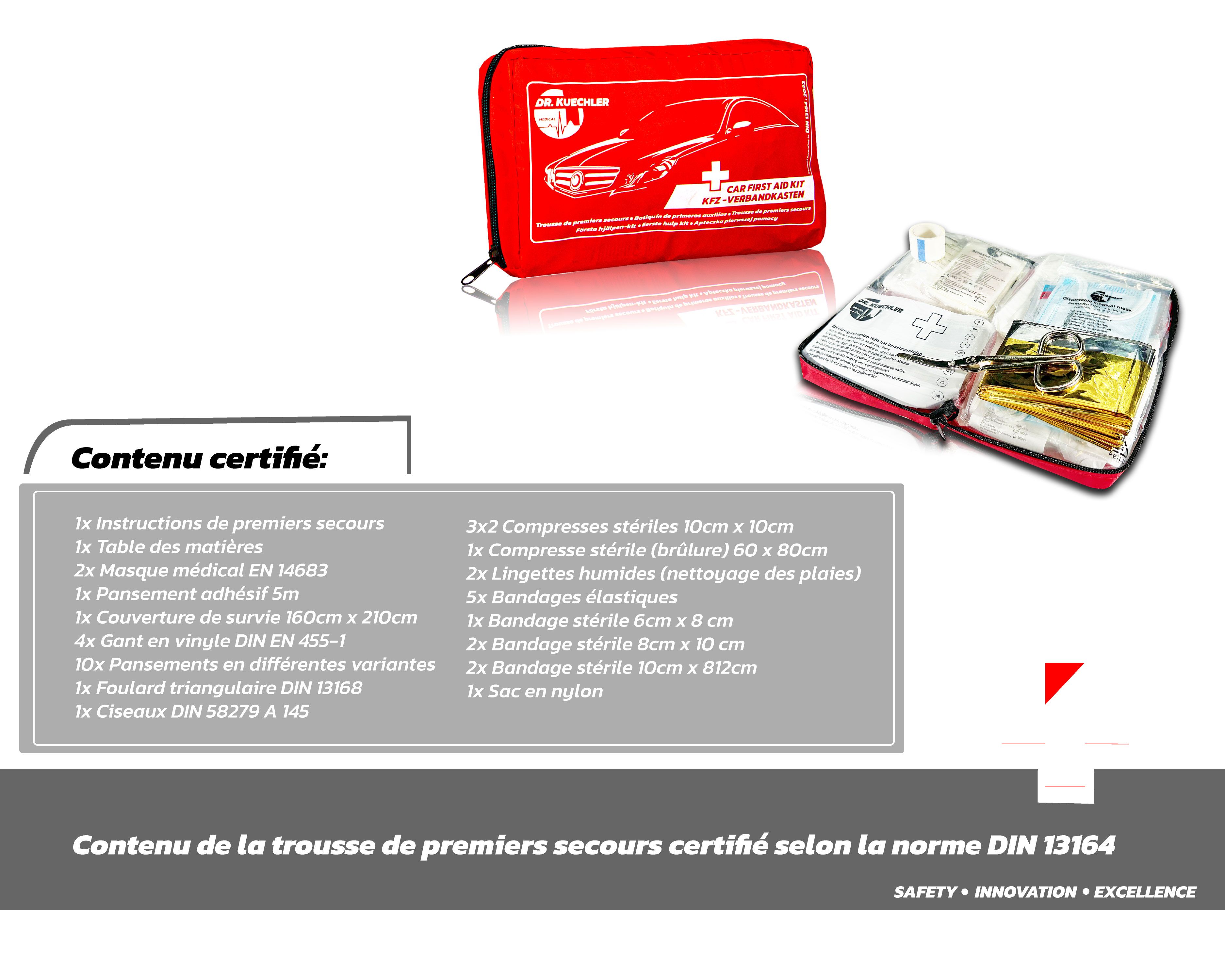 Trousse de premiers secours pour voiture ouverte avec contenu. Texte: Contenu conforme à la norme DIN 13164. Marque: Dr. Kuechler Medical.