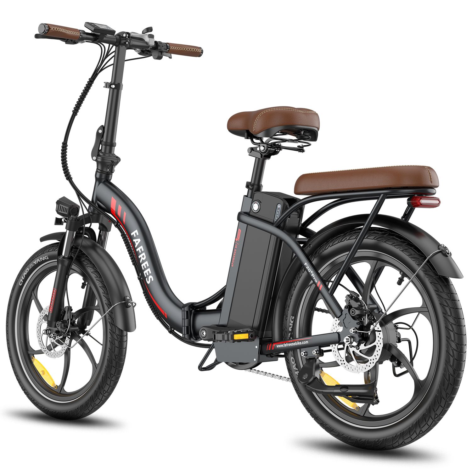 Opvouwbare e-bike, zwart met bruin zadel. Merk Fafrees. Zichtbare details: wielen, batterij, spatborden, bagagerek.