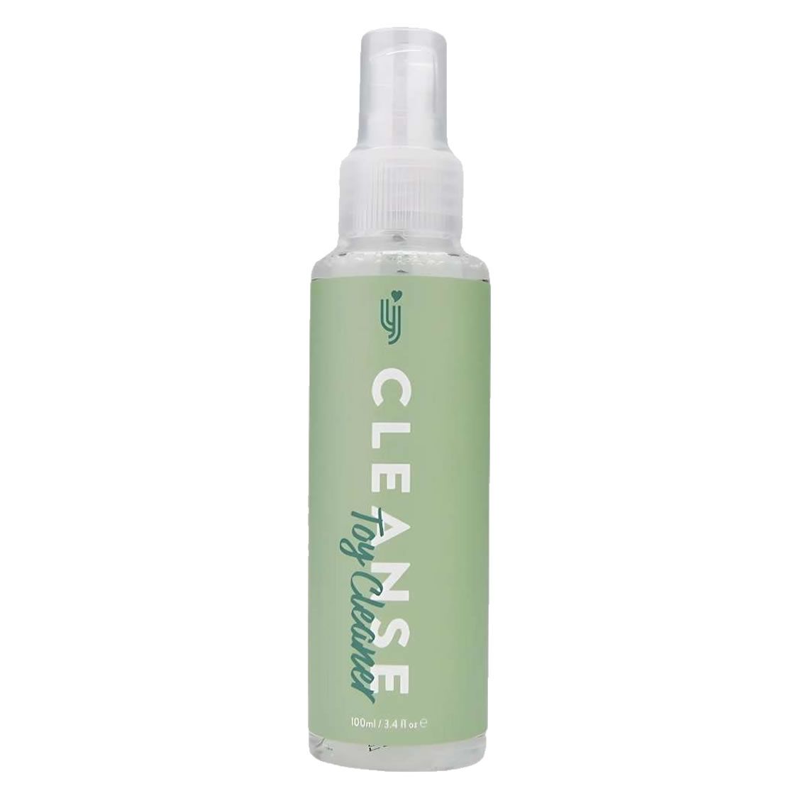 Flacon pulvérisateur avec inscription 'CLEANSE Toy Cleaner' sur une étiquette vert clair.