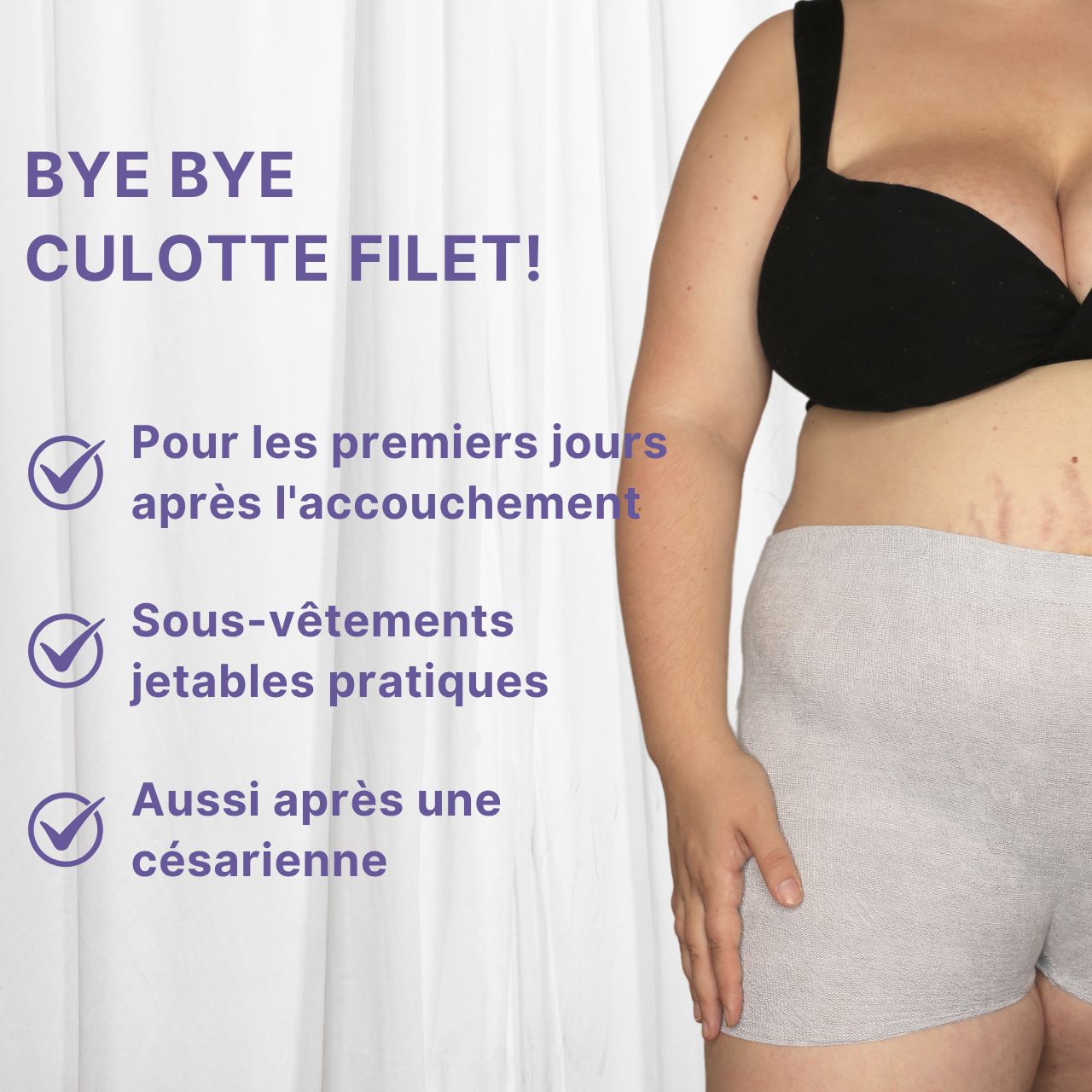 Comparaison : culotte filet vs. shorty post-partum. Le shorty est opaque, taille haute et tissu plus doux.