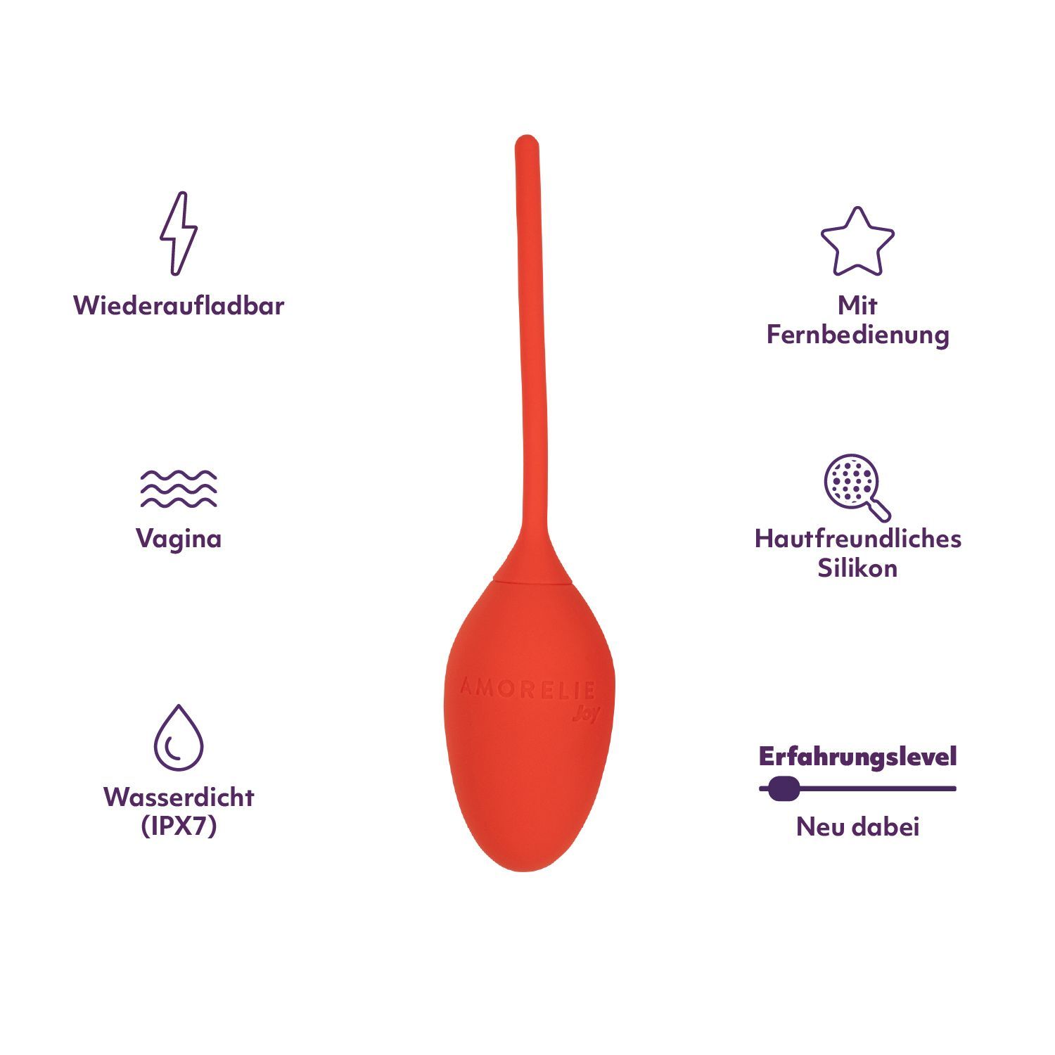 Cône orange avec tige, entouré d'icônes. Texte: Rechargeable, Vagin, Étanche (IPX7), Avec télécommande, Silicone doux pour la peau, Niveau d'expérience, Nouveau.