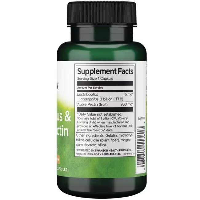 Achterkant van de groene fles. Opschrift: Supplement Facts. Bevat Lactobacillus acidophilus en appelpectine. Ingrediënten.