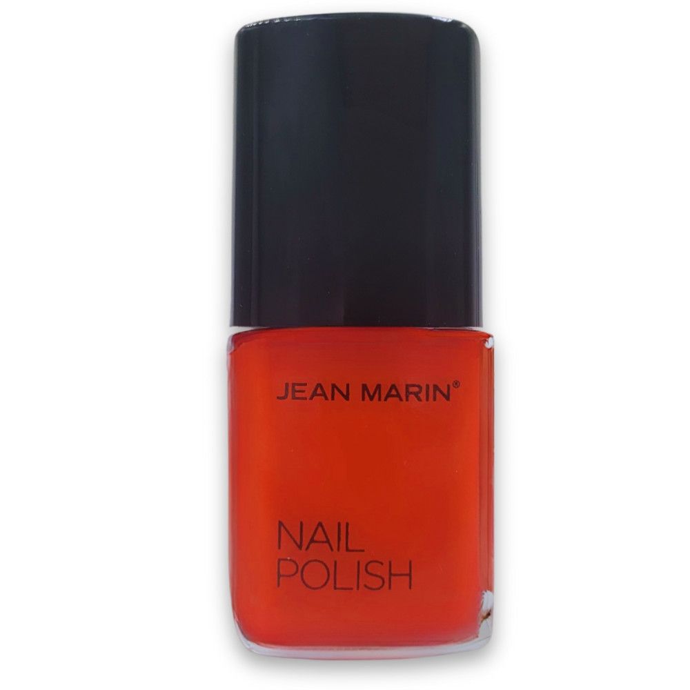 Flacon de vernis à ongles Jean Marin. Vernis orange dans un flacon rectangulaire en verre avec bouchon noir. Inscription: Nail Polish.