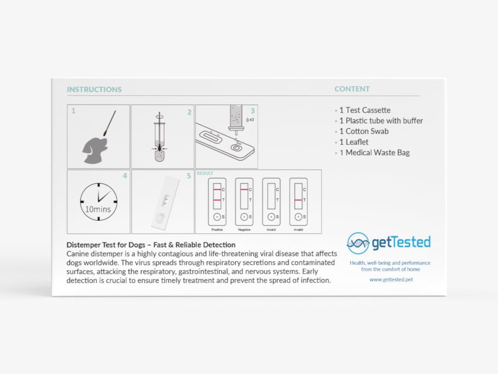 Boîte avec illustrations et texte. Contient cassette de test, tube plastique, écouvillon, notice et sac de déchets médicaux.