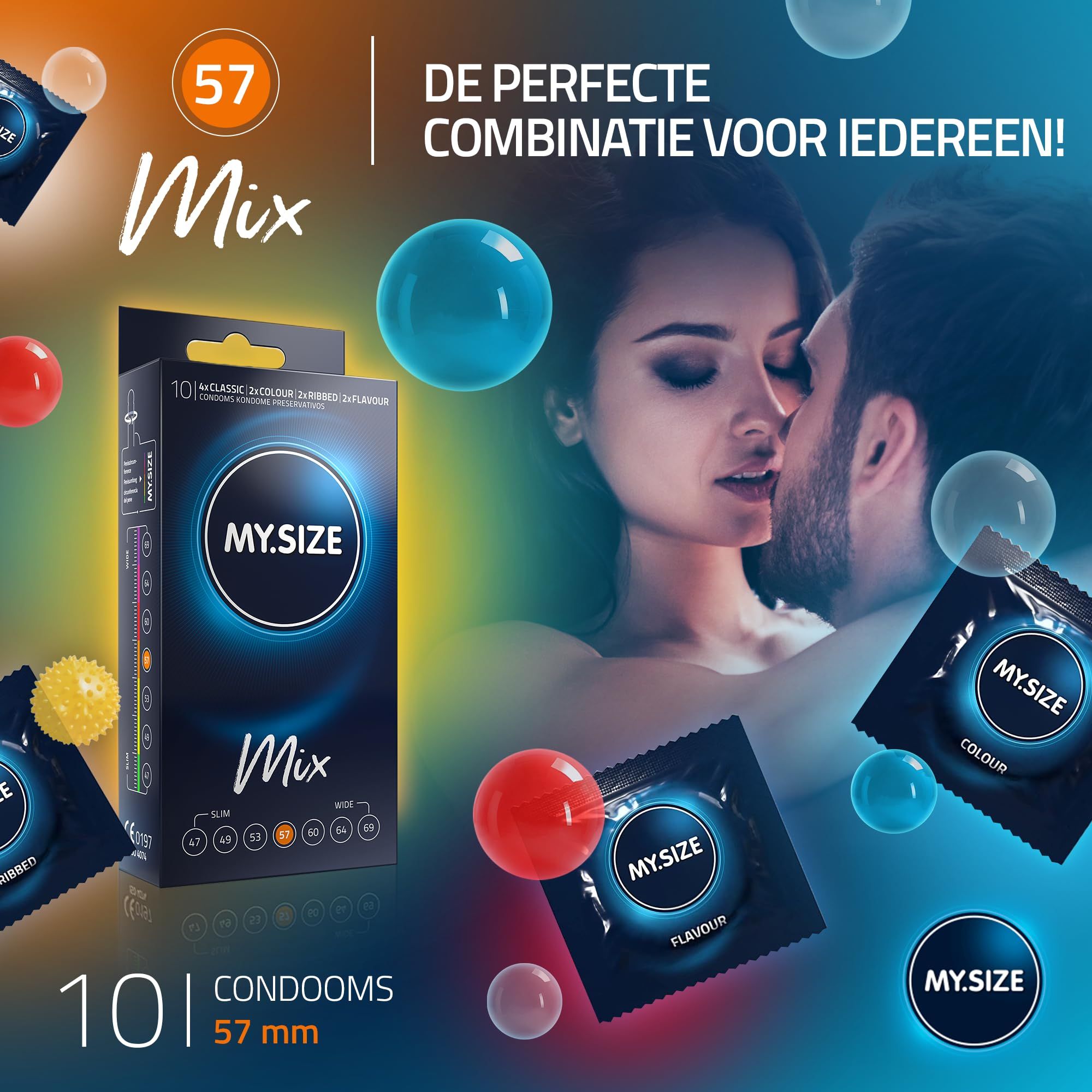 MY.SIZE condoommaten: 47-69mm. Toont maten, een verpakking en een meet-app.
