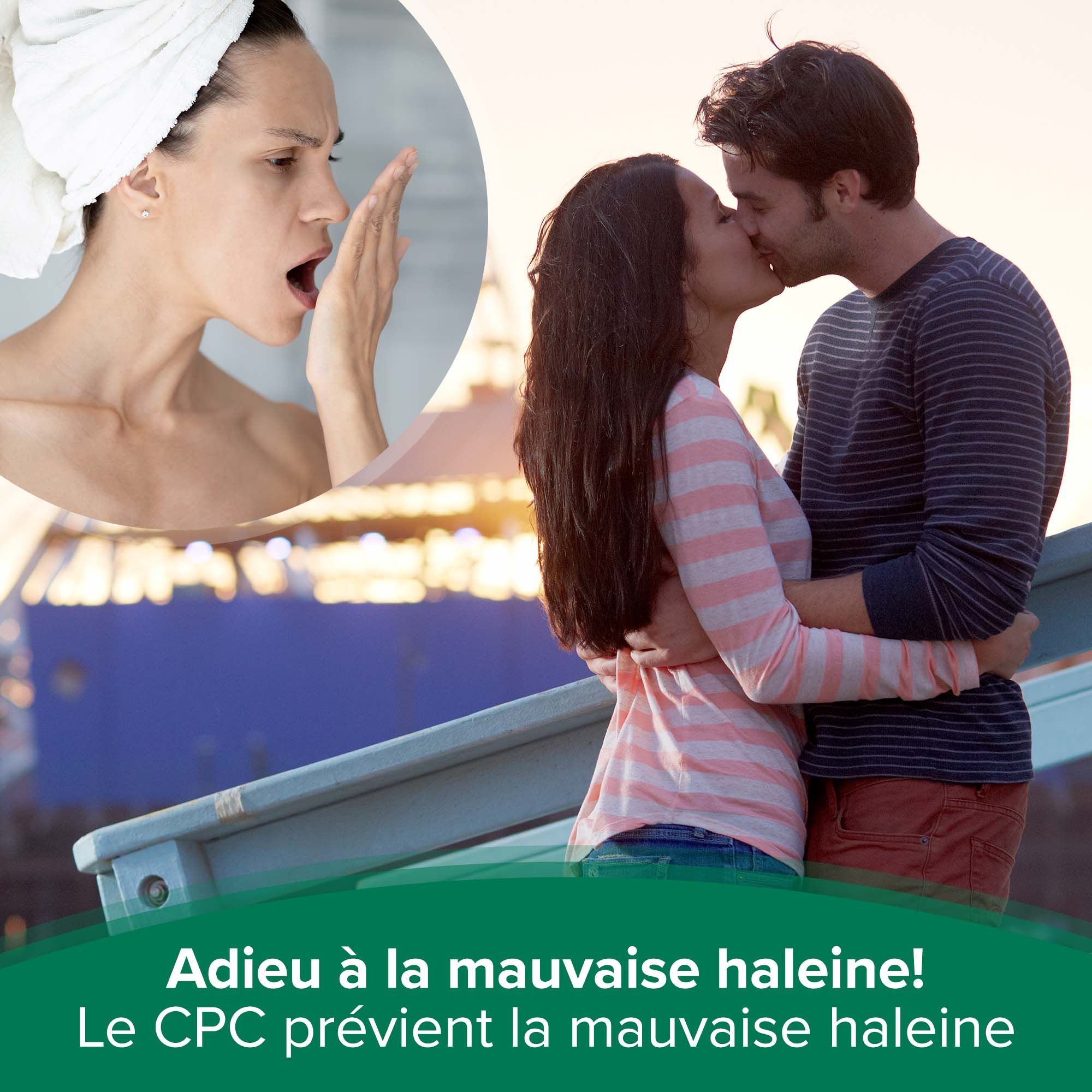 Femme vérifiant son haleine, couple s'embrassant. Texte : Adieu mauvaise haleine ! Le CPC prévient la mauvaise haleine.