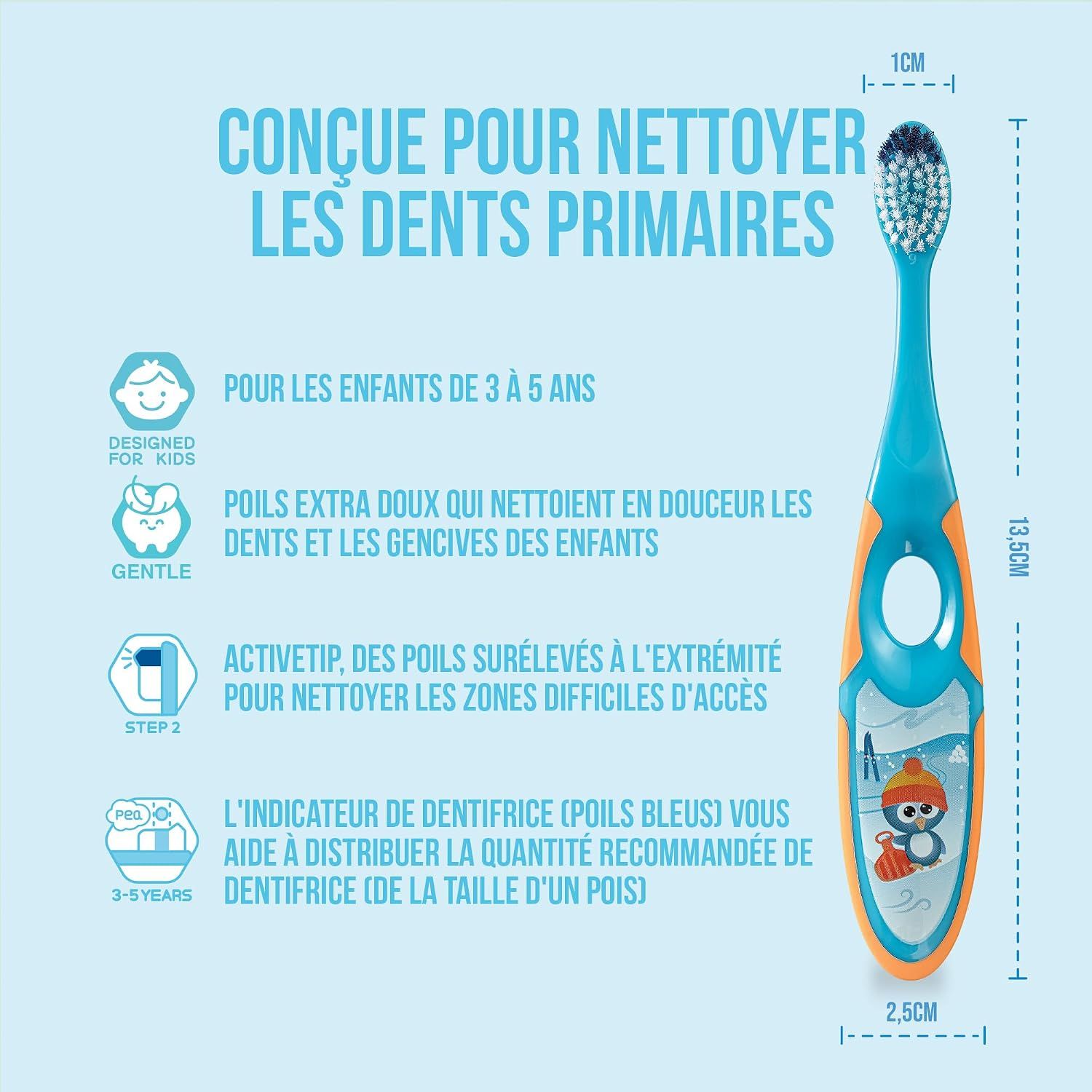 Brosse à dents Jordan pour enfants (3-5 ans) avec dimensions et caractéristiques : poils doux, pointe active.