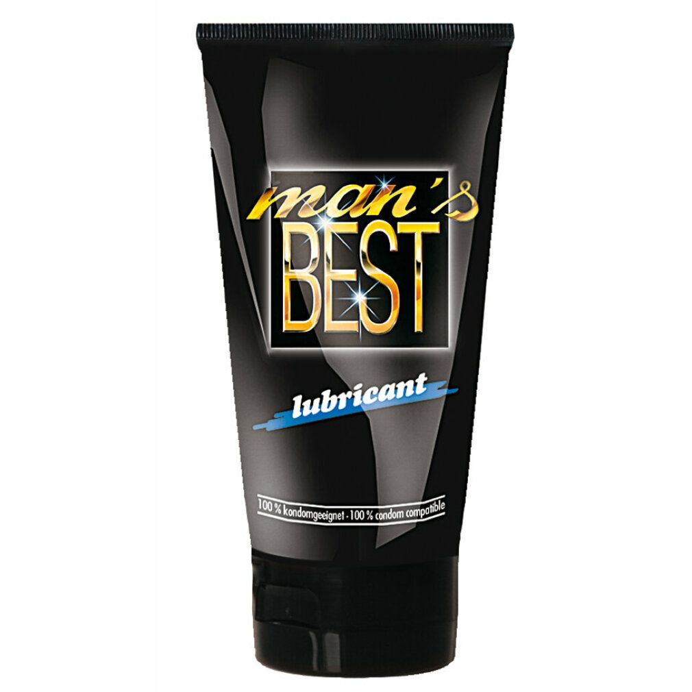 Zwarte tube met "man's BEST lubricant" opdruk. 100% condoom compatibel.