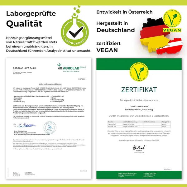 Certificats et documents. Qualité testée en laboratoire. Fabriqué en Allemagne. Certifié végan. Label végan. Agrolab Lufa GmbH.