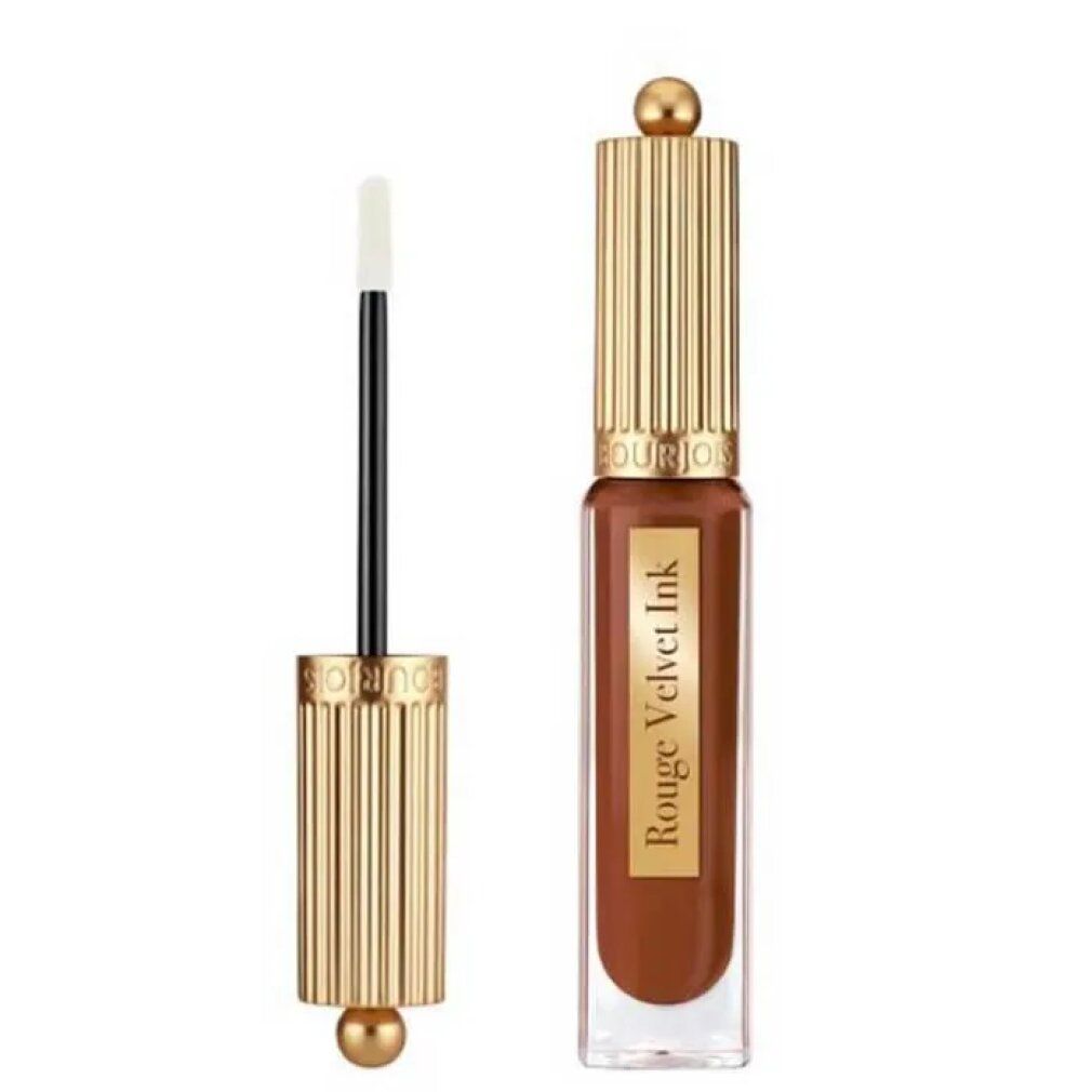 Bourjois Rouge Velvet Ink. Flacon avec bouchon doré et applicateur. Couleur marron visible.