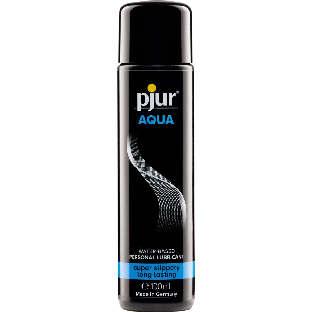 Flacon noir avec bouchon noir. Inscription : pjur AQUA. Contient un lubrifiant à base d'eau. 100ml.