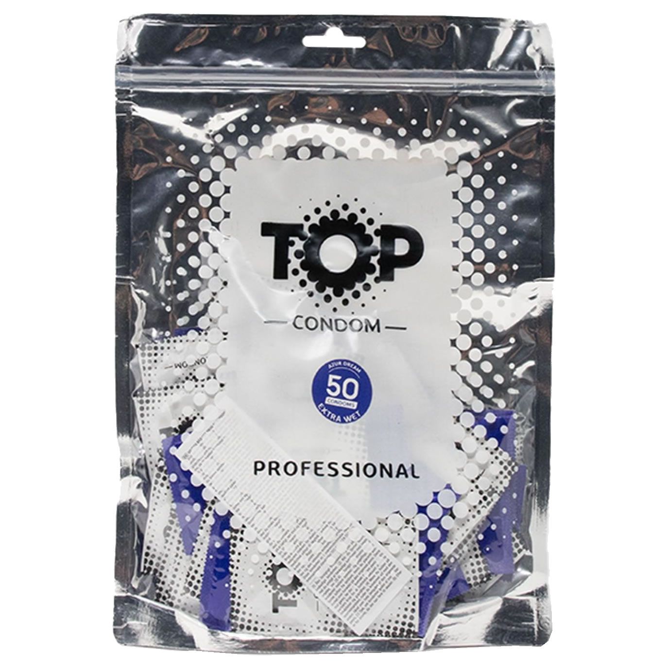 Verpakking met condooms. Opschrift: TOP CONDOM, 50 stuks, PROFESSIONAL. Transparante verpakking met ophanggat.