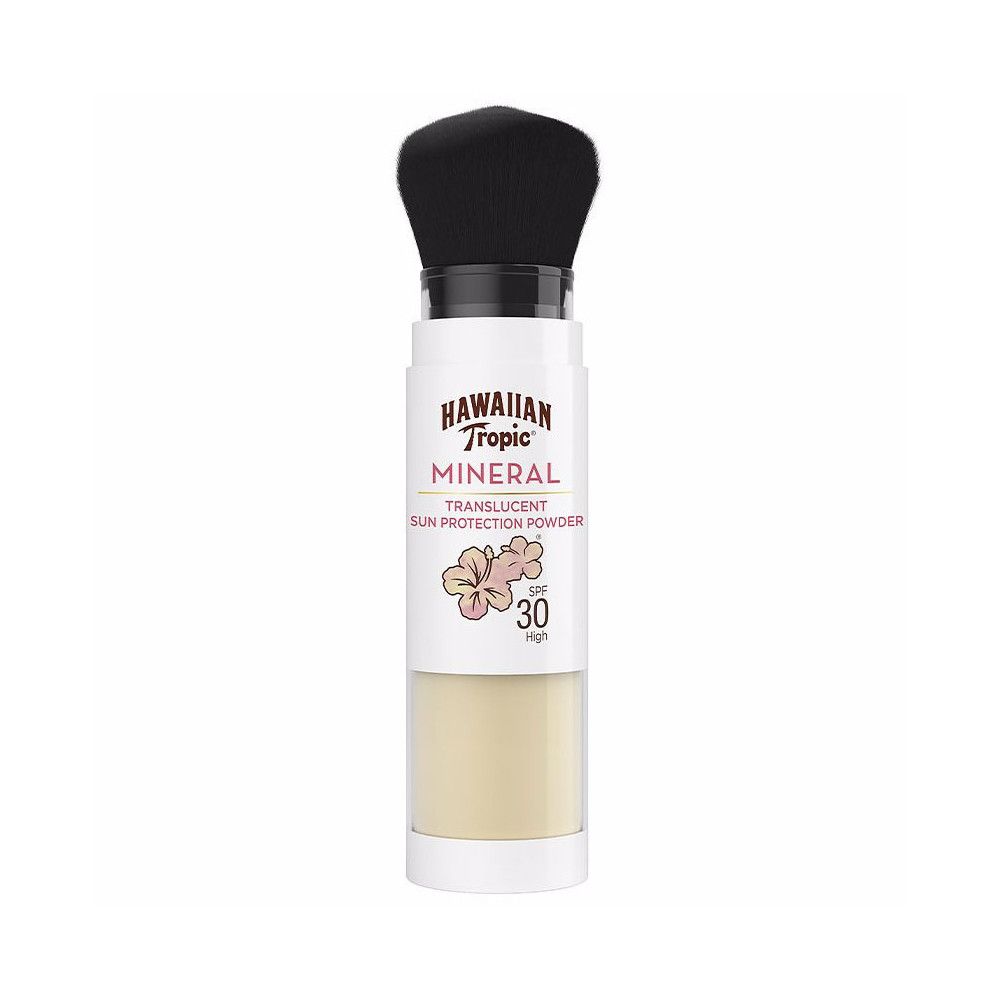 Zonne poeder met borstel. Hawaiian Tropic Mineral, SPF 30. Doorschijnende poeder in witte huls met zwarte borstelkop.
