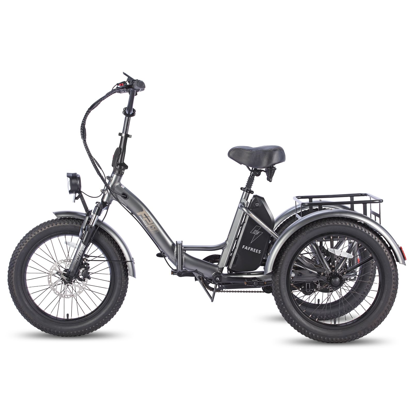 Tricycle gris avec phare avant, porte-bagages et batterie. Logo Fafrees.