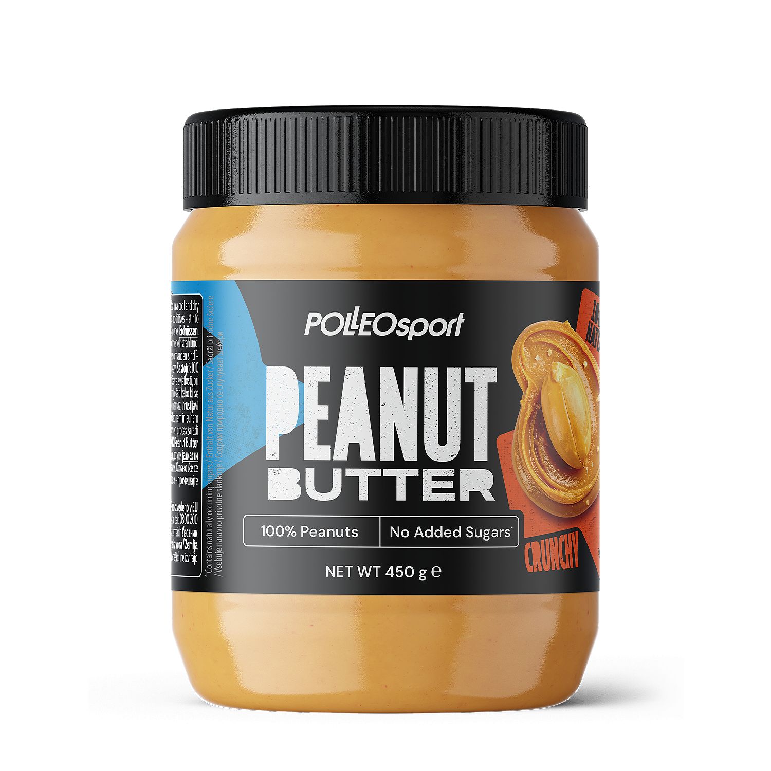 Pot pindakaas met zwarte deksel. Opschrift: PEANUT BUTTER, Crunchy, 100% Peanuts, No Added Sugars. 450 g.