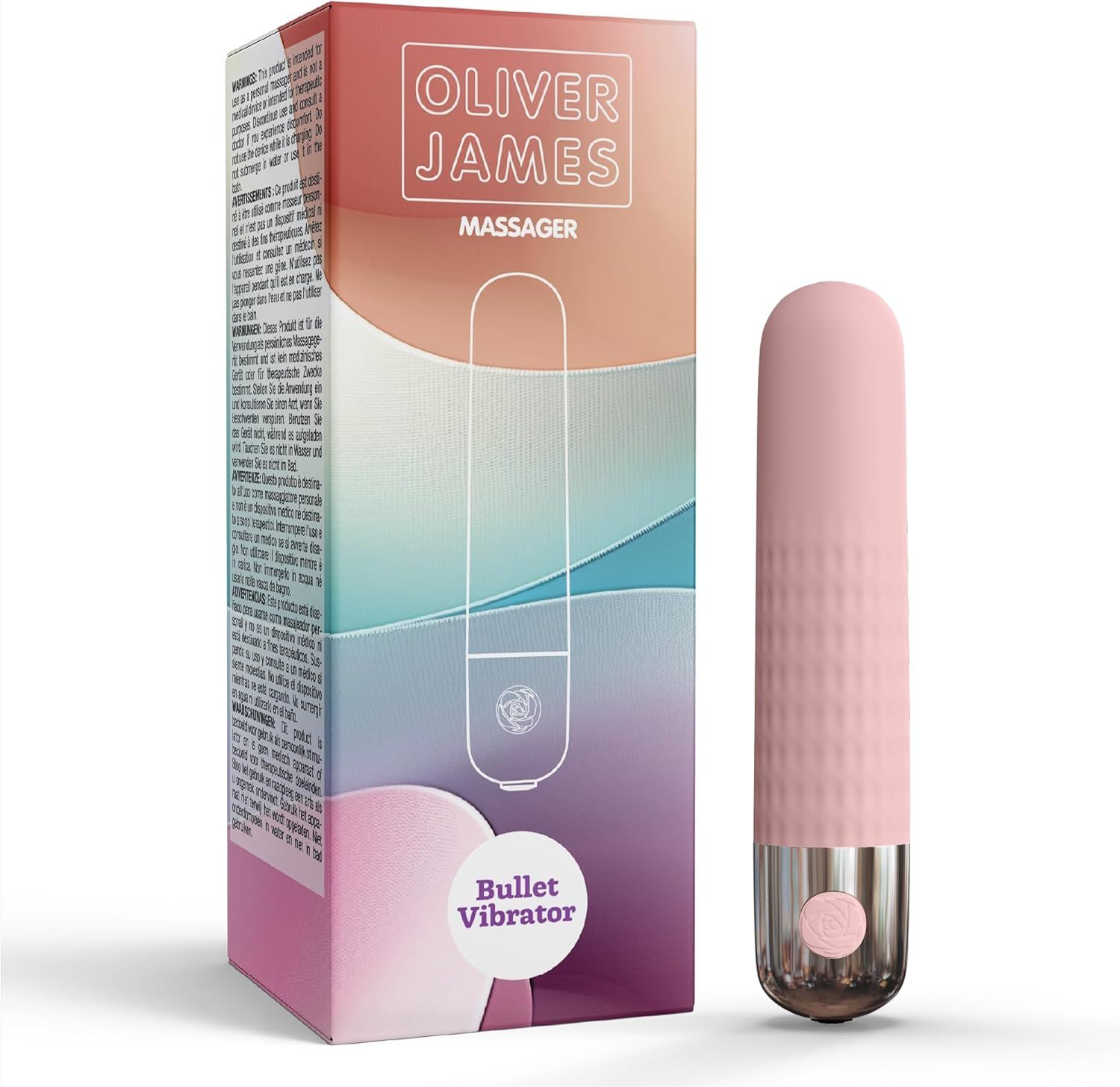 Roze Bullet Vibrator met zilveren accent en verpakking.