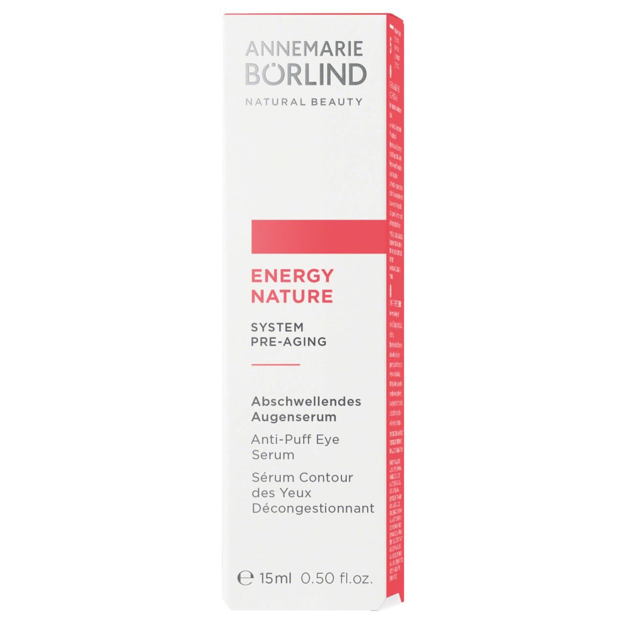 Boîte blanche avec texte rouge. Contient un sérum pour les yeux. Marque : Annemarie Börlind. Texte : EnergyNature, Sérum Contour des Yeux Décongestionnant.