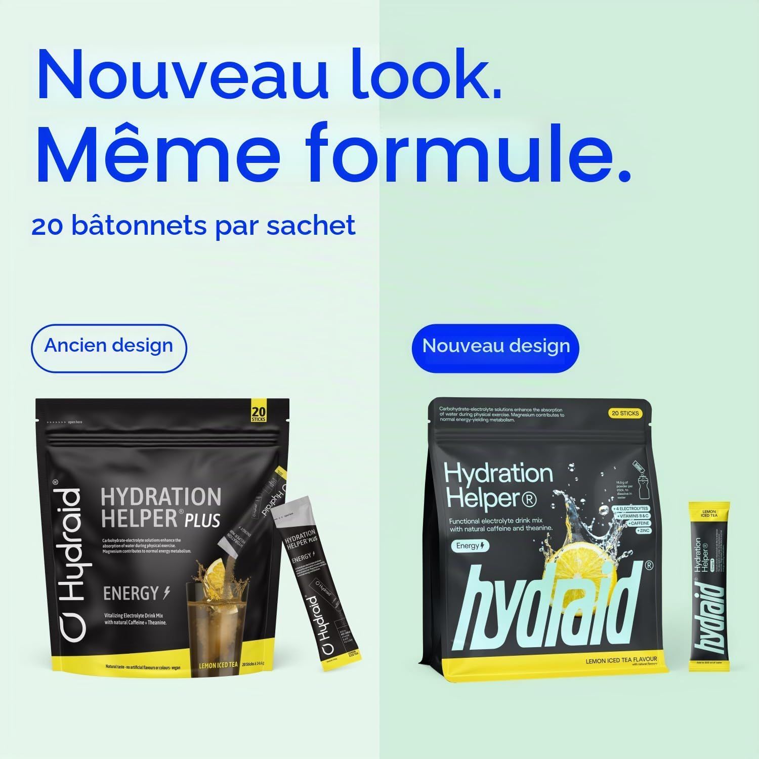 Comparaison des anciens et nouveaux designs des emballages Hydraid Hydration Helper Plus Energy.